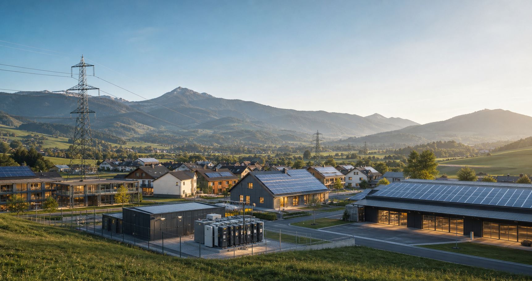 Regionaler Energieverbund mit Solardächern, lokaler Infrastruktur und Landschaft im Morgenlicht